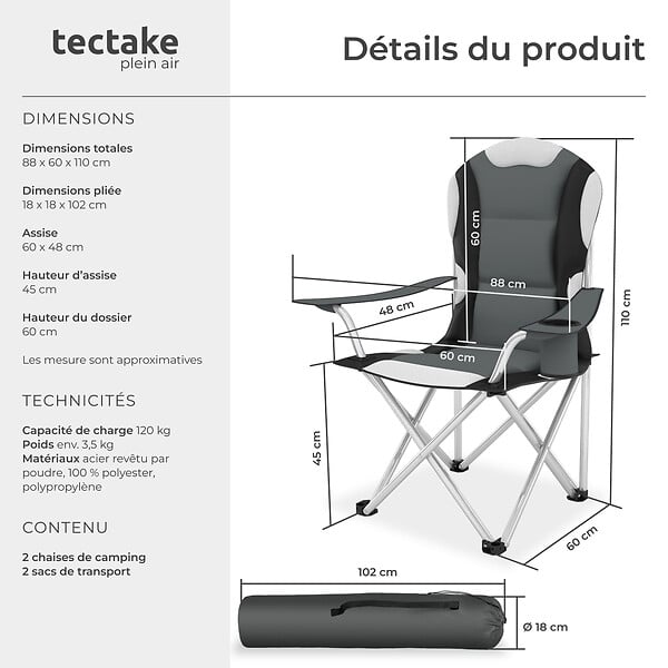 TECTAKE - Chaise pliante avec rembourrage gris - large