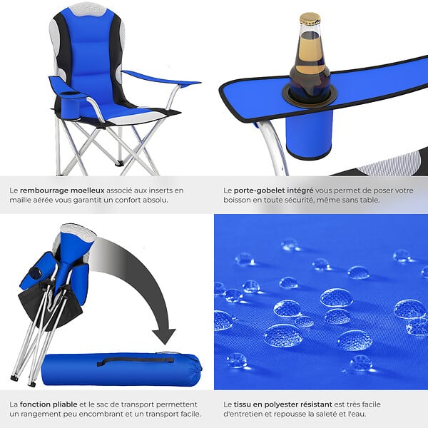 TECTAKE - Chaise pliante avec rembourrage bleu - large