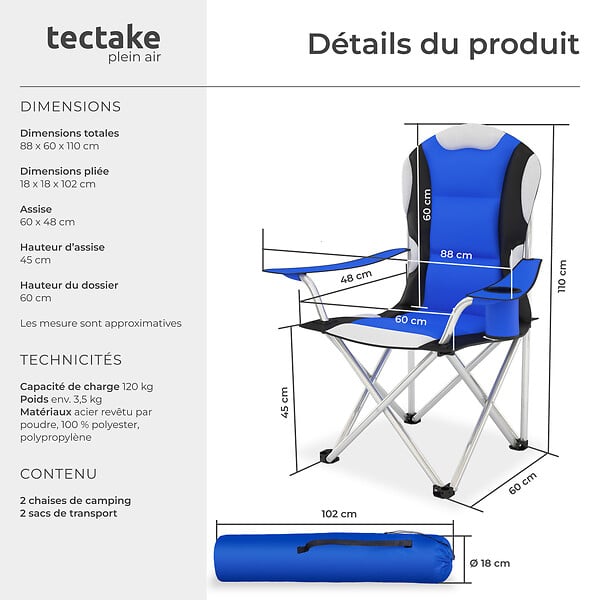 TECTAKE - Chaise pliante avec rembourrage bleu - large