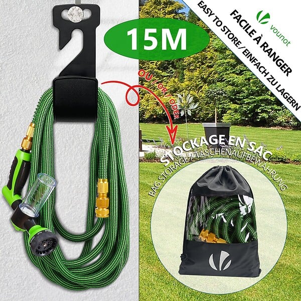 VOUNOT - Tuyau d’Arrosage Extensible 15m avec Récipient Savon et accessoires vert - large