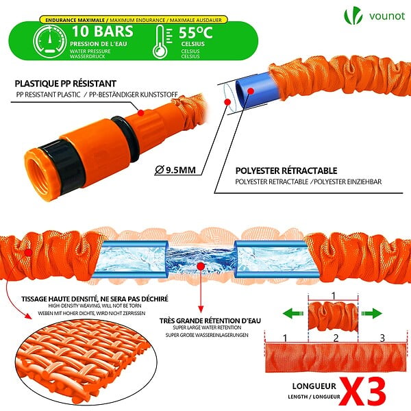 VOUNOT - Tuyau d’Arrosage Extensible 15m avec Accessoires orange - large