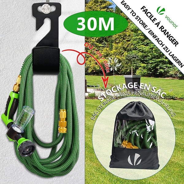 VOUNOT - Tuyau d’Arrosage Extensible 30m avec Récipient Savon et accessoires vert - large