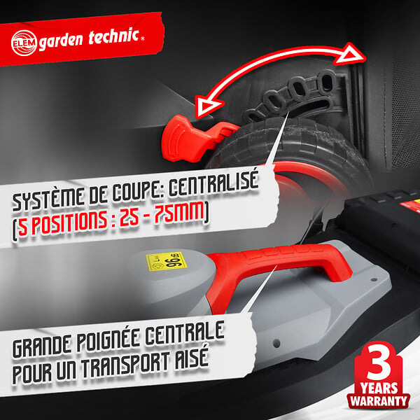 ELEM GARDEN TECHNIC - Tondeuse à gazon électrique 1500W - Largeur de coupe 37cm - large