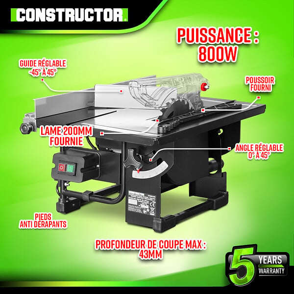 CONSTRUCTOR - Scie circulaire sur table 800W - Lame 200mm 24 dents - large