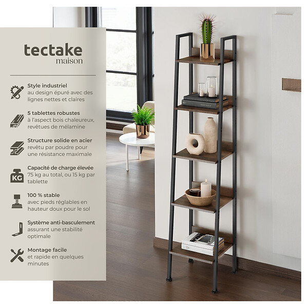 TECTAKE - Étagère échelle Bois foncé industriel, rustique - large