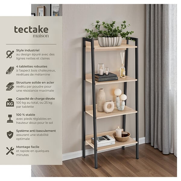 TECTAKE - Étagère échelle Bois clair industriel, Chêne Sonoma - large