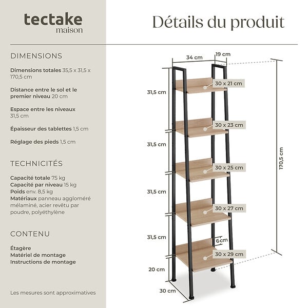 TECTAKE - Étagère échelle Bois clair industriel, Chêne Sonoma - large