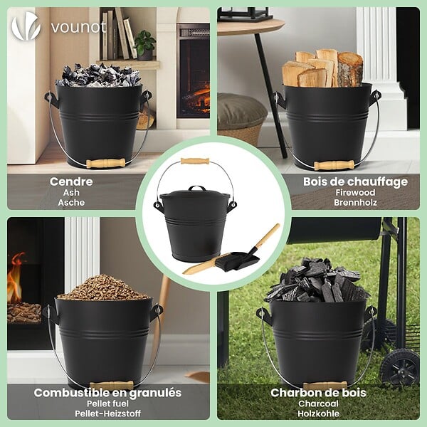 VOUNOT - Seau à Cendres en Métal avec Couvercle Pelle et Balai à Main 5L Noir - large