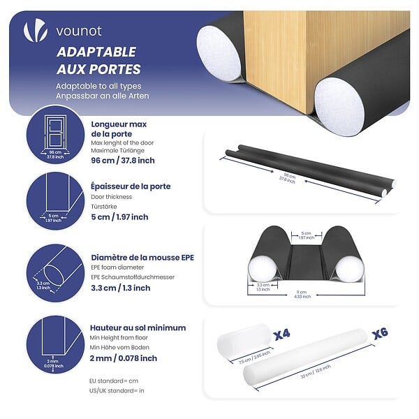 VOUNOT - Lot de 3 Boudins de Porte Isolants coupe froid Découpables 96cm Noir - large