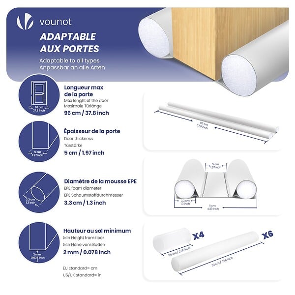 VOUNOT - Lot de 3 Boudins de Porte Isolants coupe froid Découpables 96cm Blanc - large