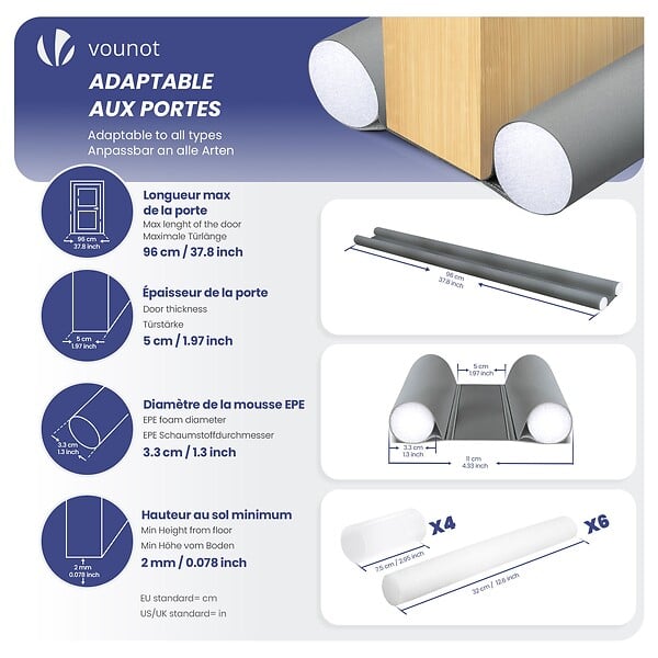 VOUNOT - Lot de 2 Boudins de Porte Isolants coupe froid Découpables 96cm Gris - large