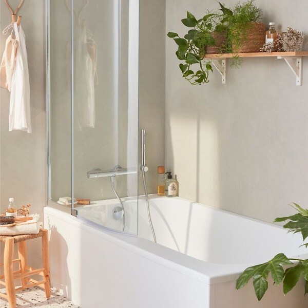 JACOB DELAFON - Pack baignoire bain douche 170 x 90 Malice version gauche + tablier en angle + pare bain + étagère pour pare bain - large
