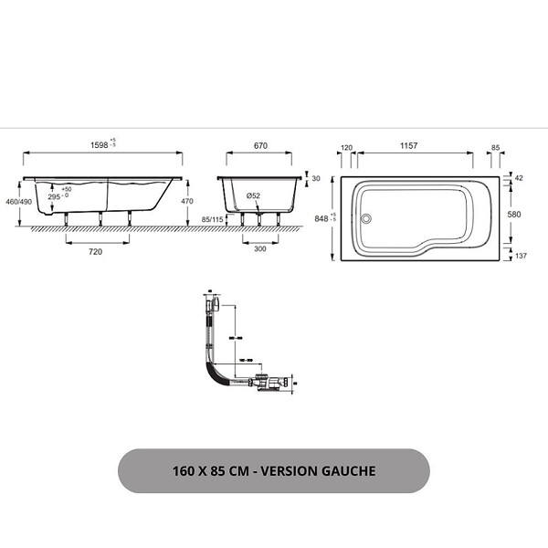 JACOB DELAFON - Pack baignoire bain douche 160 x 85 Malice version gauche + tablier en niche + pare bain + étagère pour pare bain - large