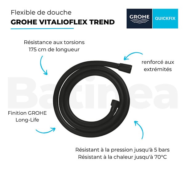 GROHE - Flexible de douche GROHE VitalioFlex Trend 1750 mm noir mat + microfibre - large