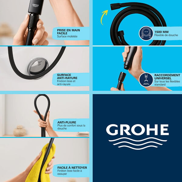 GROHE - Flexible de douche GROHE VitalioFlex Trend 1750 mm noir mat + microfibre - large