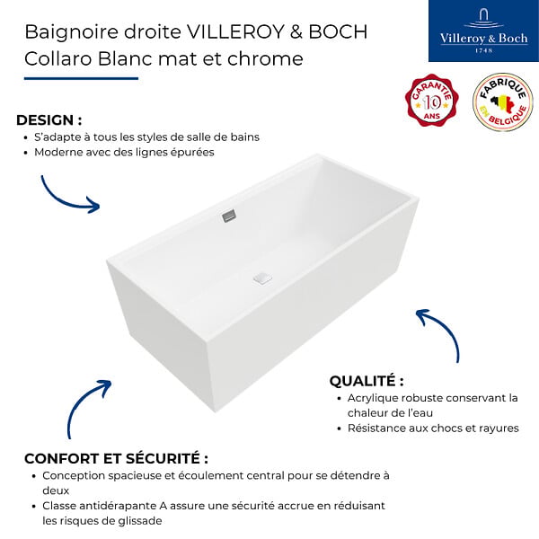 VILLEROY ET BOCH - Baignoire droite  Collaro 160 x 75cm Blanc mat  vidage et trop plein chrome + Pare bain gauche AURYS Mist 1 - large