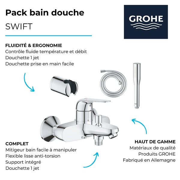 GROHE - Pack mitigeur mécanique Swift + Douchette 1 jet Get Stick + Flexible1750 mm et support - large