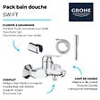 GROHE - Pack mitigeur mécanique Swift + Douchette 1 jet Get Stick + Flexible1750 mm et support - vignette
