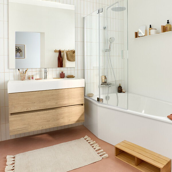 JACOB DELAFON - Pack baignoire bain douche 170 x 90 Bastille vidage à gauche blanc mat + tablier en niche + pare-bain chromé - large