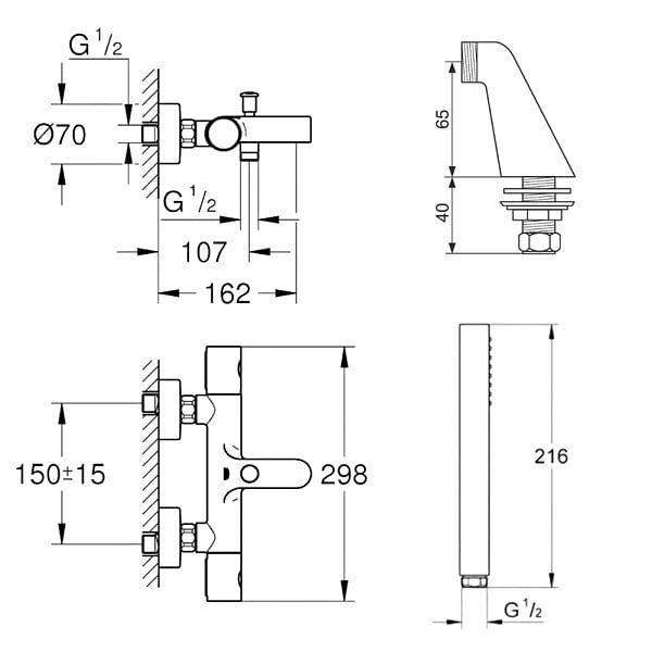 GROHE - Pack mitigeur thermostatique Grohtherm 800 avec colonnettes + Douchette 1 jet Vitalio Get Stick + Flexible 1750 mm - large