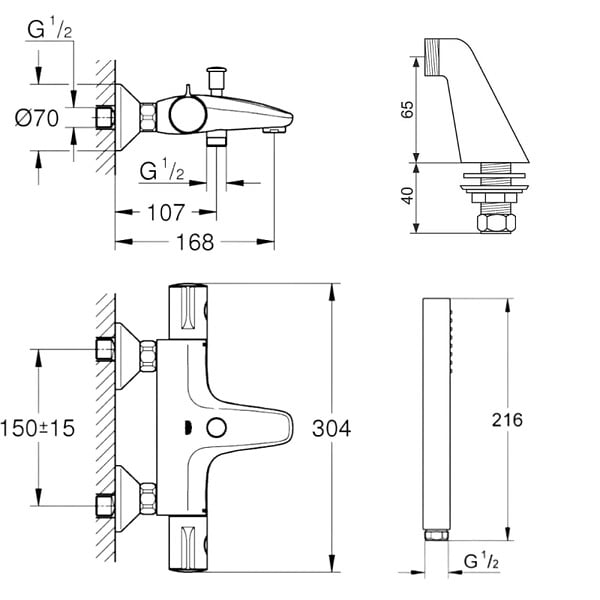 GROHE - Pack mitigeur thermostatique BD Trend avec colonnettes + Douchette 1 jet Vitalio Get Stick + Flexible 1750 mm - large