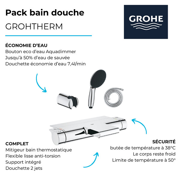 GROHE - Pack mitigeur bain douche thermostatique Grohtherm 2000 + Douchette 2 jets Start 110 + Flexible1750 mm et support - large
