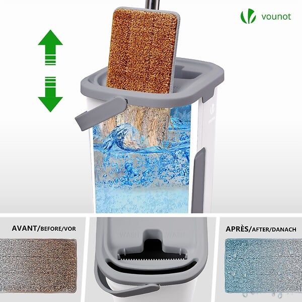VOUNOT - Balai microfibre et Seau Essoreur avec 6 serpillères Réutilisables Balai Plat Double compartiment blanc - large