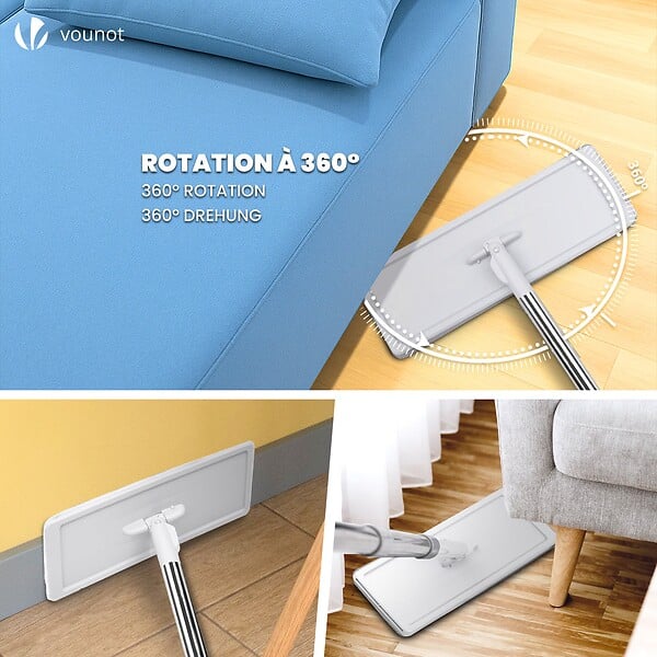 VOUNOT - Balai microfibre et Seau Essoreur avec 6 serpillères Réutilisables Balai Plat Double compartiment blanc - large