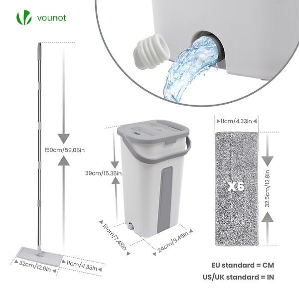 VOUNOT - Balai microfibre et Seau Essoreur avec 6 serpillères Réutilisables Balai Plat Double compartiment blanc - large