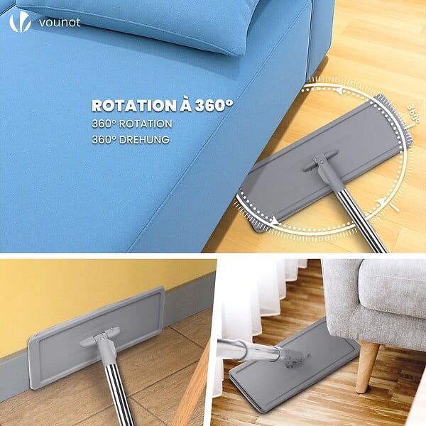 VOUNOT - Balai microfibre et Seau Essoreur avec 6 serpillères Réutilisables Balai Plat Double compartiment gris - large