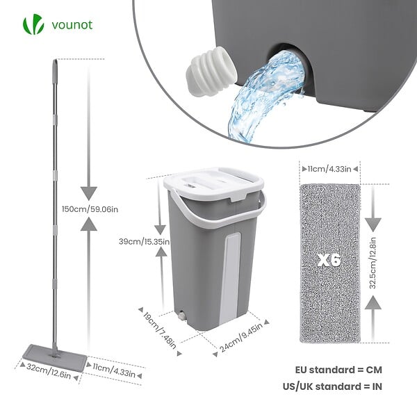 VOUNOT - Balai microfibre et Seau Essoreur avec 6 serpillères Réutilisables Balai Plat Double compartiment gris - large