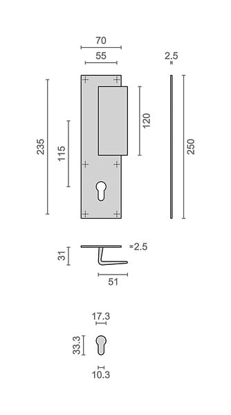 HERACLES - Poignée palière aluminium type Bastille 70x250mm champagne clé I - HERACLES - I-231102CLEI - large