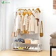 VOUNOT - Portant a vetement double avec 2 niveaux etageres chaussures 4 Crochets Lateraux 110x35x146cm metal Blanc - vignette