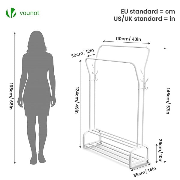 VOUNOT - Portant a vetement double avec 2 niveaux etageres chaussures 4 Crochets Lateraux 110x35x146cm metal Blanc - large