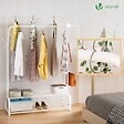 VOUNOT - Portant a vetement double avec 2 niveaux etageres chaussures 4 Crochets Lateraux 110x35x146cm metal Blanc - vignette