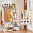 VOUNOT - Portant a vetement double avec 2 niveaux etageres chaussures 4 Crochets Lateraux 110x35x146cm metal Blanc - vignette