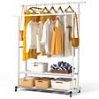 VOUNOT - Portant a Vetements double avec roulettes et 2 etageres de rangement 120x40x146cm metal Blanc - vignette
