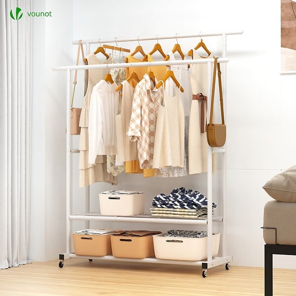 VOUNOT - Portant a Vetements double avec roulettes et 2 etageres de rangement 120x40x146cm metal Blanc - large