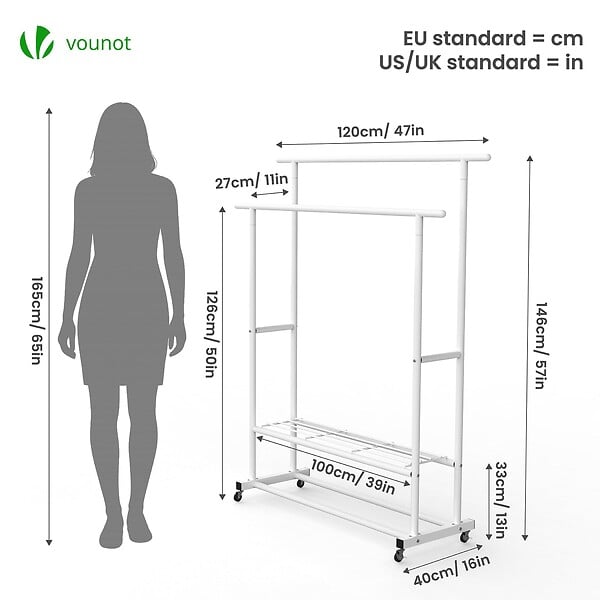 VOUNOT - Portant a Vetements double avec roulettes et 2 etageres de rangement 120x40x146cm metal Blanc - large
