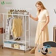 VOUNOT - Portant a Vetements double avec roulettes et 2 etageres de rangement 120x40x146cm metal Blanc - vignette