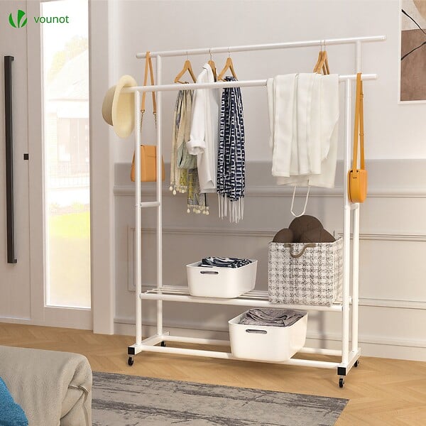 VOUNOT - Portant a Vetements double avec roulettes et 2 etageres de rangement 120x40x146cm metal Blanc - large