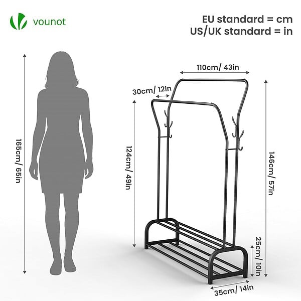 VOUNOT - Portant a vetement double avec 2 niveaux etageres chaussures 4 Crochets Lateraux 110x35x146cm metal Noir - large