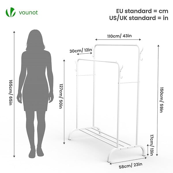 VOUNOT - Portant a Vetements Double avec etagere Chaussures 4 Crochets Lateraux 110x58x150cm metal Blanc - large