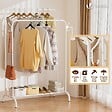 VOUNOT - Portant a Vetements Double avec etagere Chaussures 4 Crochets Lateraux 110x58x150cm metal Blanc - vignette