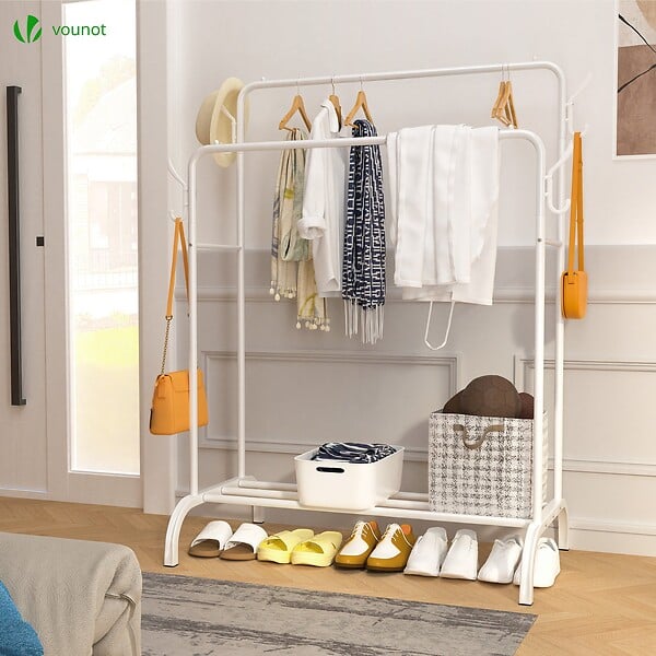 VOUNOT - Portant a Vetements Double avec etagere Chaussures 4 Crochets Lateraux 110x58x150cm metal Blanc - large