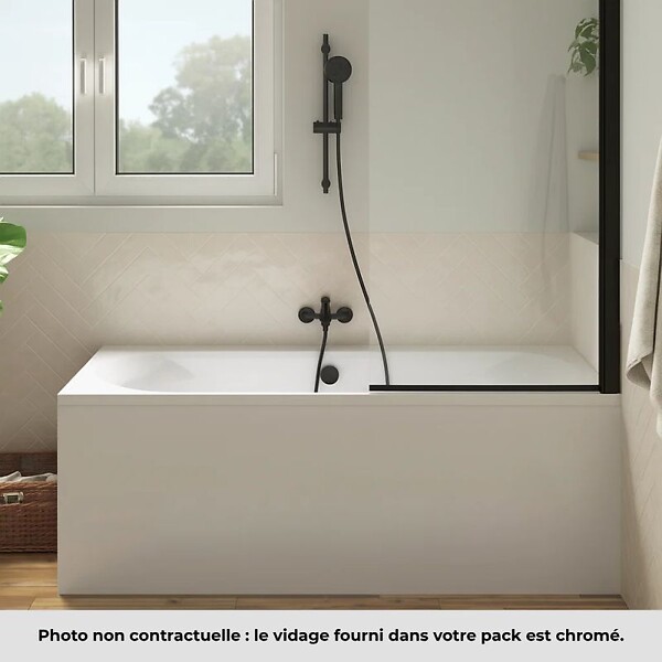 JACOB DELAFON - Pack baignoire droite 170 x 75 Elise + tablier angle + pommeau et mitigeur bain noir Aimé + pare bain noir + vidage - large