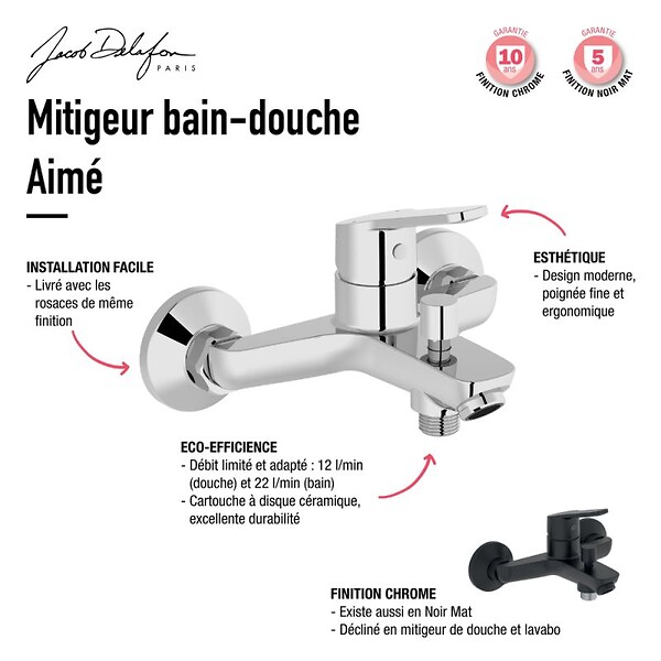 JACOB DELAFON - Pack baignoire droite 170 x 75 Elise + tablier angle + pommeau et mitigeur bain noir Aimé + pare bain noir + vidage - large