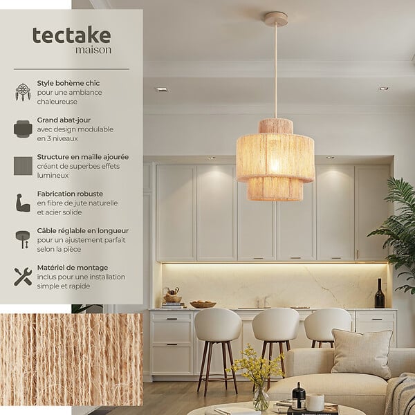 TECTAKE - Suspension ALLEGRA en jute au style bohème 40W marron naturel - large