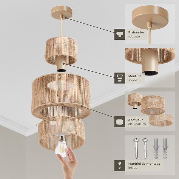 TECTAKE - Suspension ALLEGRA en jute au style bohème 40W marron naturel - large