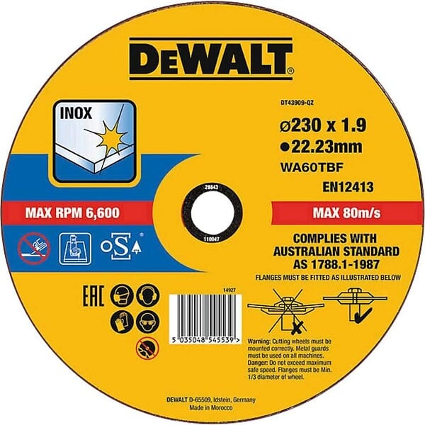 DEWALT - Disque à tronçonner l'inox Ø230x22,2mm DEWALT DT43909-QZ épaisseur 1,9mm - large